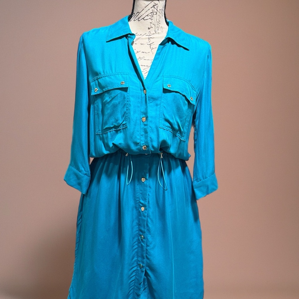 Michael Kors Snap Button Shirt Dress in "Tile Blue" NWT Sz M
